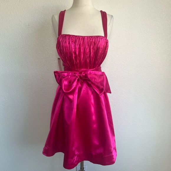 ANTHROPOLOGIE Maeve Pink Satin Mini Bow-Tie Pleated Fit & Flare Dress - Size 8 - Picture 7 of 16